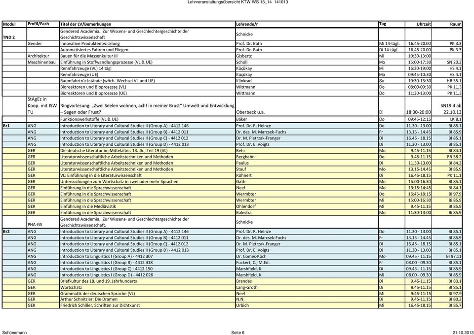 3 Architektur Bauen für die Massenkultur III Gisbertz Mi 10:30-13:00 Maschinenbau Einführung in Stoffwandlungsprozesse (VL& UE) Scholl Mo 15:00-17:30 SN 20.