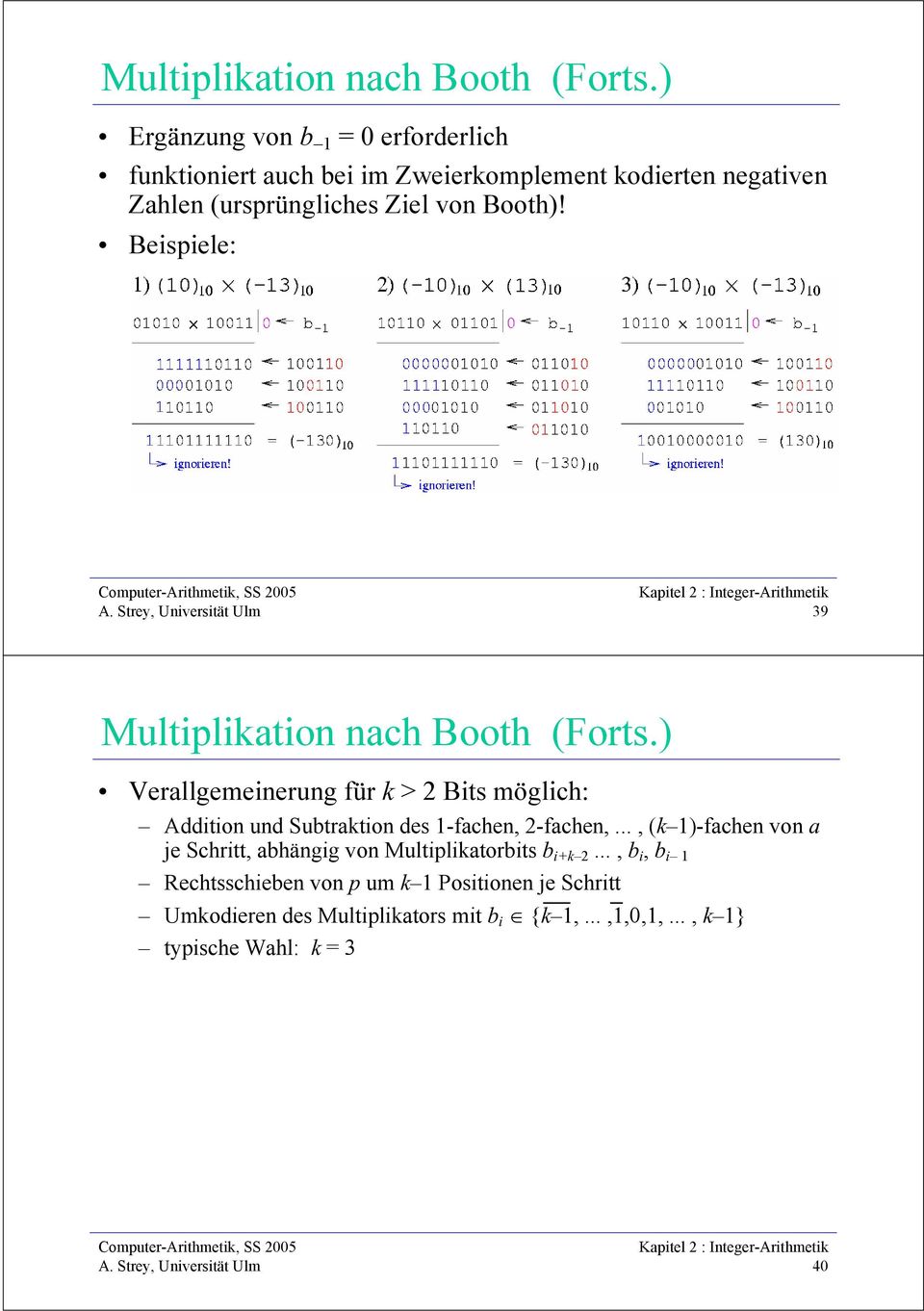 Booth)! Beispiele: 39 ) Verallgemeinerung für k > 2 Bits möglich: Addition und Subtraktion des 1-fachen, 2-fachen,.