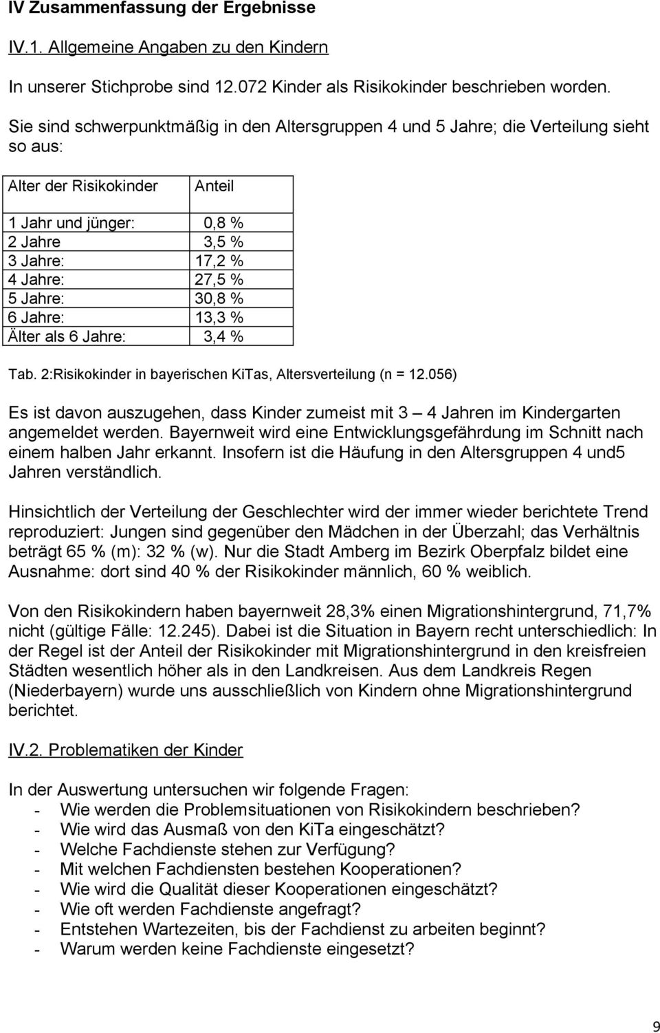 Jahre: 30,8 % 6 Jahre: 13,3 % Älter als 6 Jahre: 3,4 % Tab. 2:Risikokinder in bayerischen KiTas, Altersverteilung (n = 12.