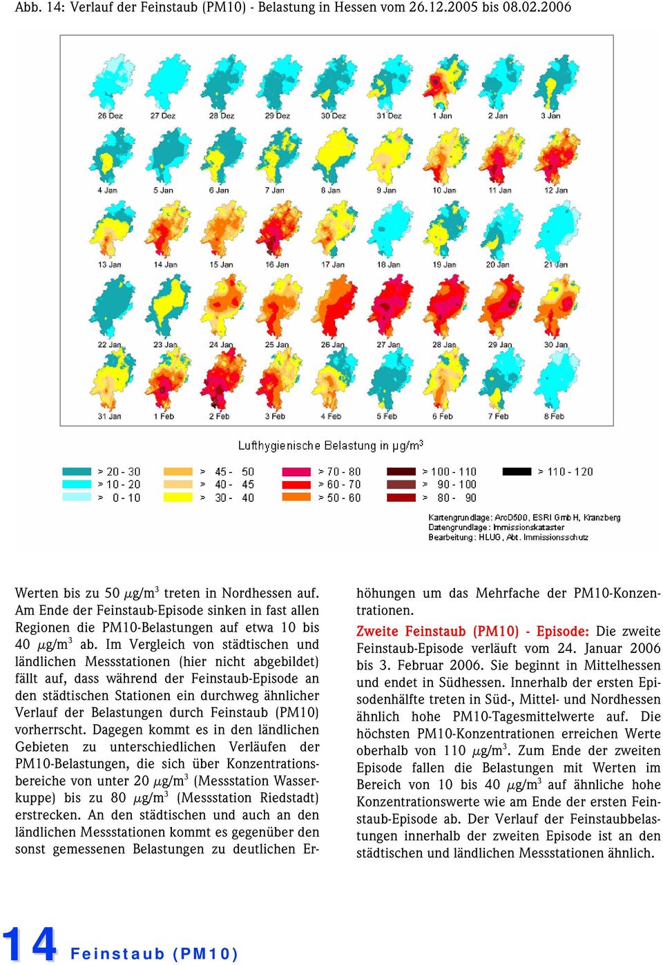 Im Vergleich von städtischen und ländlichen Messstationen (hier nicht abgebildet) fällt auf, dass während der Feinstaub-Episode an den städtischen Stationen ein durchweg ähnlicher Verlauf der