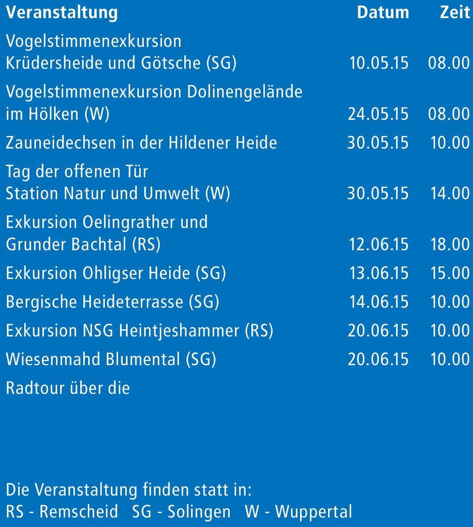 00 Exkursion Ohligser Heide (SG) 13.06.15 15.00 Bergische Heideterrasse (SG) 14.06.15 10.00 Exkursion NSG Heintjeshammer (RS) 20.06.15 10.00 Wiesenmahd Blumental (SG) 20.