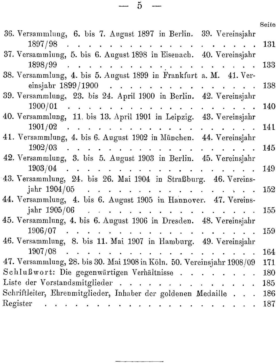 April 1901 in Leipzig. 43. Vereinsjahr 1901/02....... 141 41. Versammlung, 4. bis 6. August 1902 in :München. 44. Vereinsjahr 1902/03 145 42. Versammlung, 3. bis 5. August 1903 in Berlin. 45.