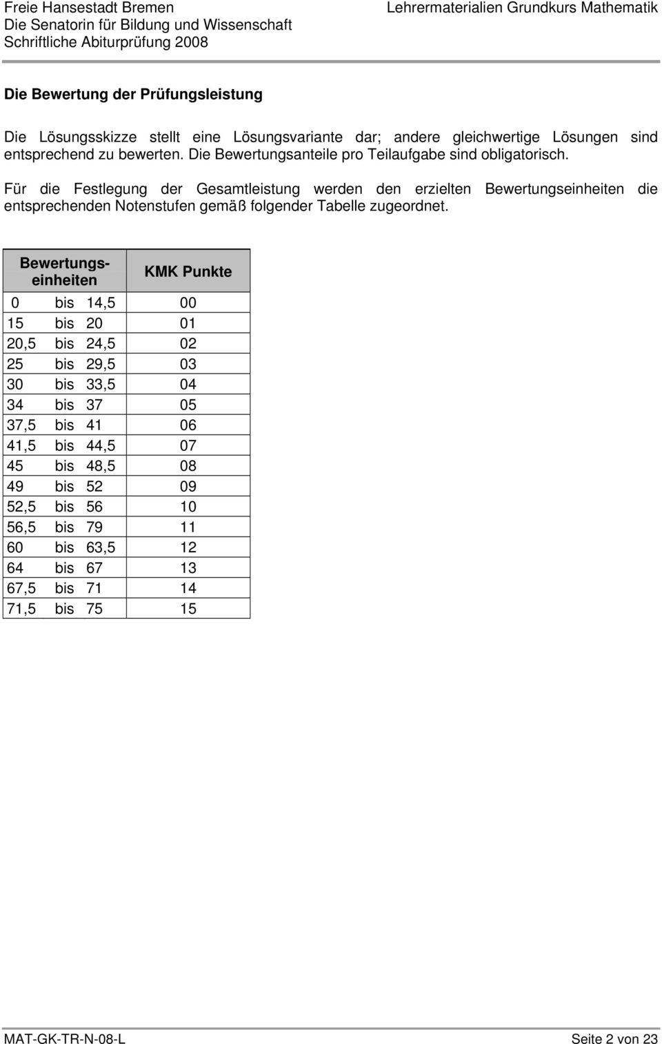 Für die Festlegung der Gesamtleistung werden den erzielten Bewertungseinheiten die entsprechenden Notenstufen gemäß folgender Tabelle zugeordnet.