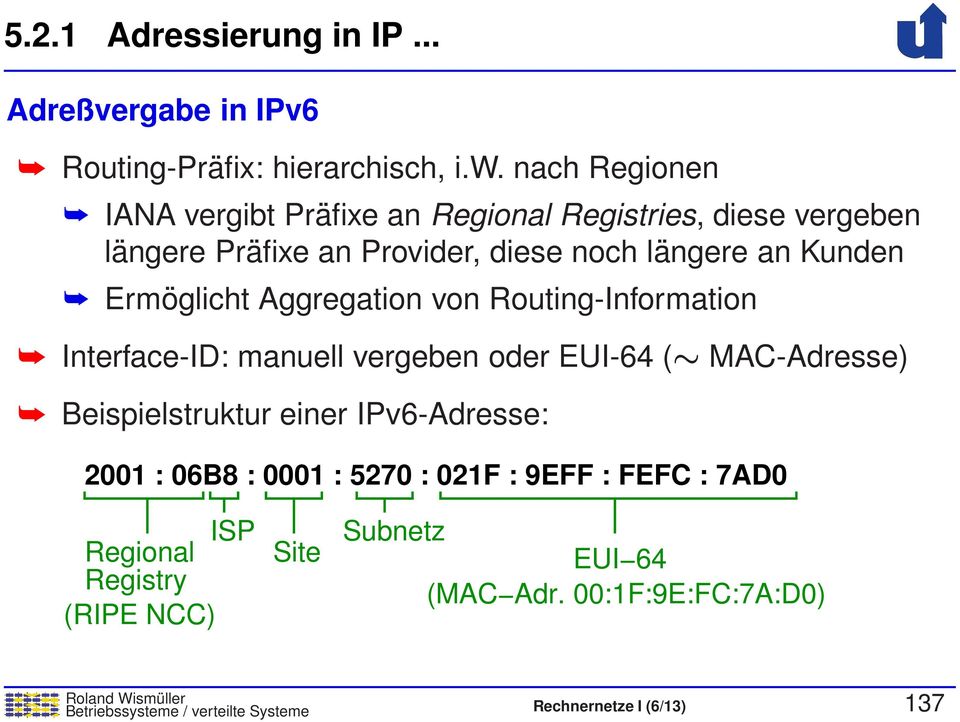 Ermöglicht Aggregation von Routing-Information Interface-ID: manuell vergeben oder EUI-64 ( MAC-Adresse) Beispielstruktur einer