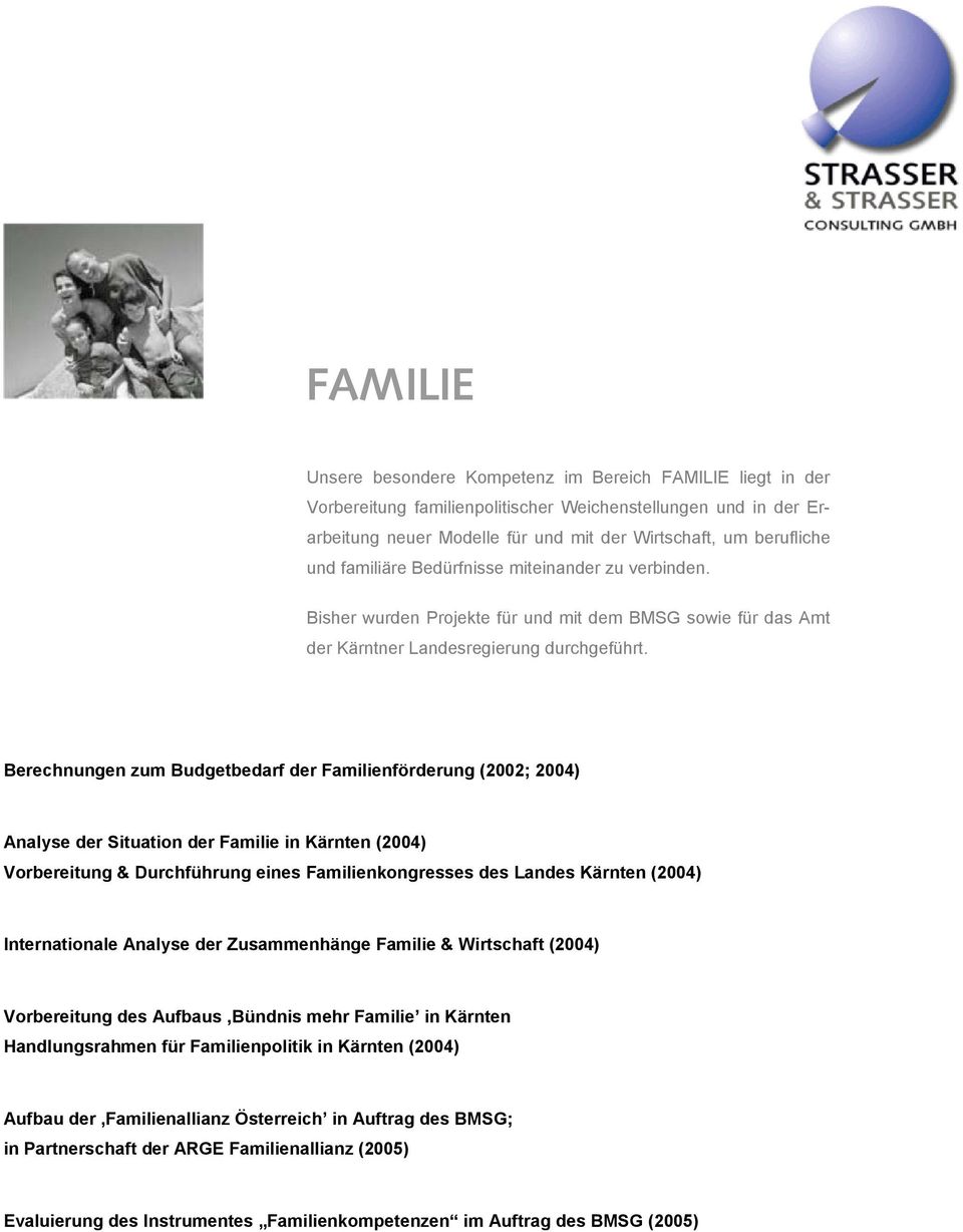 Berechnungen zum Budgetbedarf der Familienförderung (2002; 2004) Analyse der Situation der Familie in Kärnten (2004) Vorbereitung & Durchführung eines Familienkongresses des Landes Kärnten (2004)