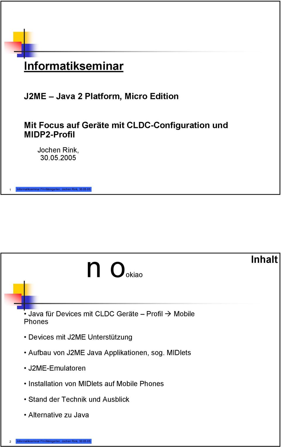 MIDlets J2ME-Emulatoren Installation von MIDlets auf Mobile Phones Stand der Technik und Ausblick Alternative zu Java 2 Informatikseminar NOKIA Nokia