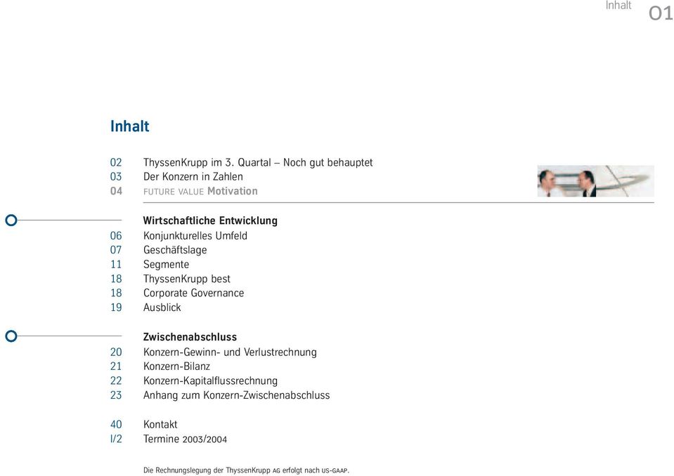 Konjunkturelles Umfeld 07 Geschäftslage 11 Segmente 18 ThyssenKrupp best 18 Corporate Governance 19 Ausblick