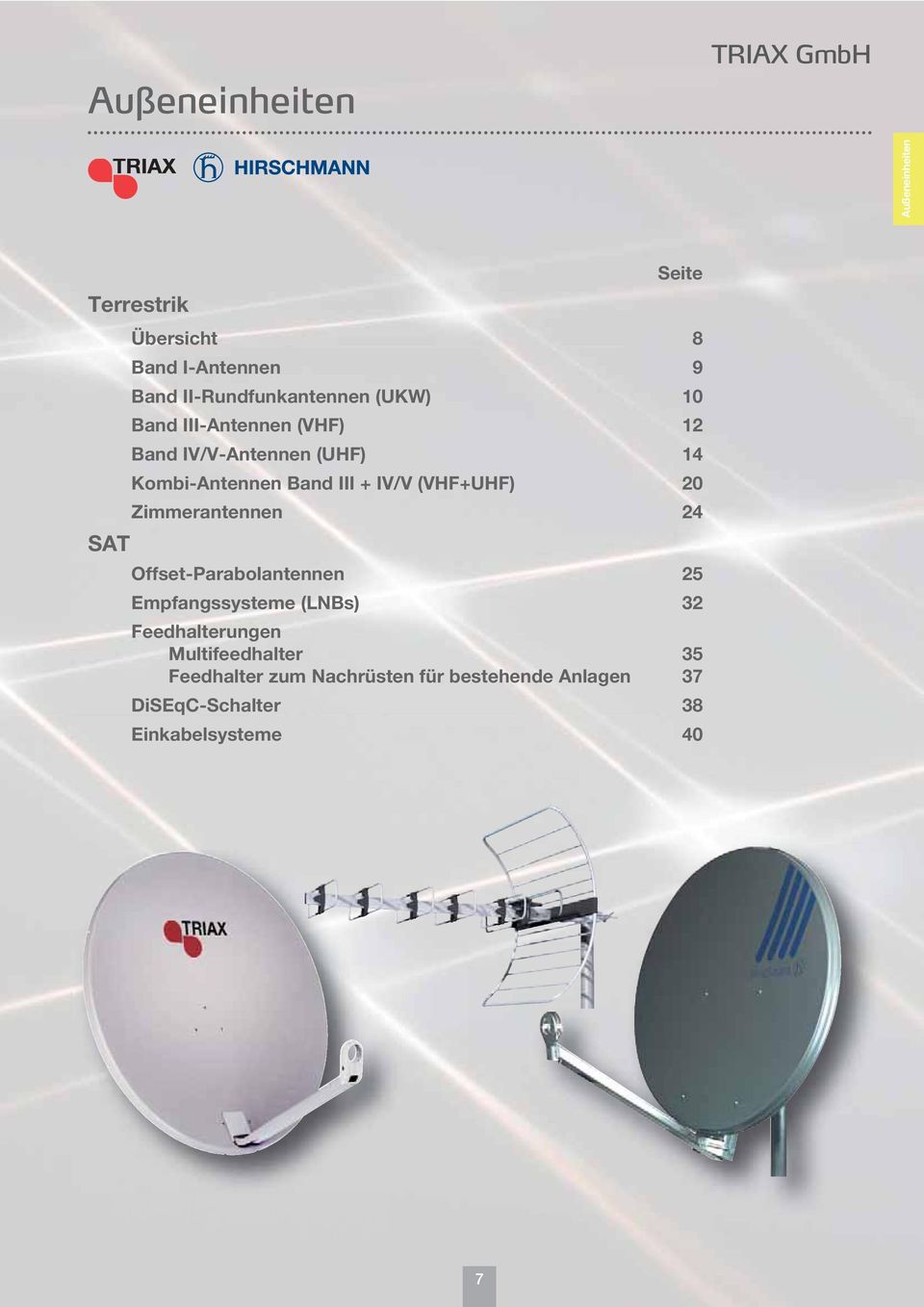 (VHF+UHF) 20 Zimmerantennen 24 SAT Offset-Parabolantennen 25 Empfangssysteme (LNBs) 32 Feedhalterungen