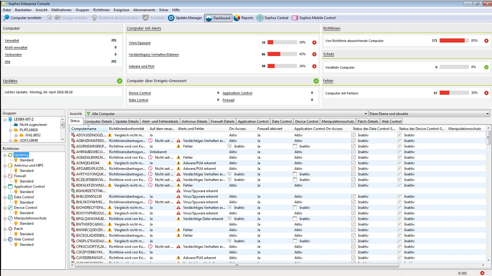 Sophos Enterprise Console Der Screenshot unten zeigt die Computerliste in der Ansicht Endpoints. 2.