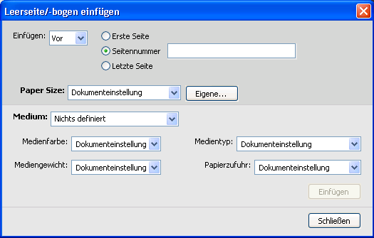 COMMAND WORKSTATION 26 LEERSEITEN EINFÜGEN 1 Klicken Sie im Bereich Gemischte Medien auf Neuer Einleger. Das Fenster Leerseite/-bogen einfügen wird angezeigt.