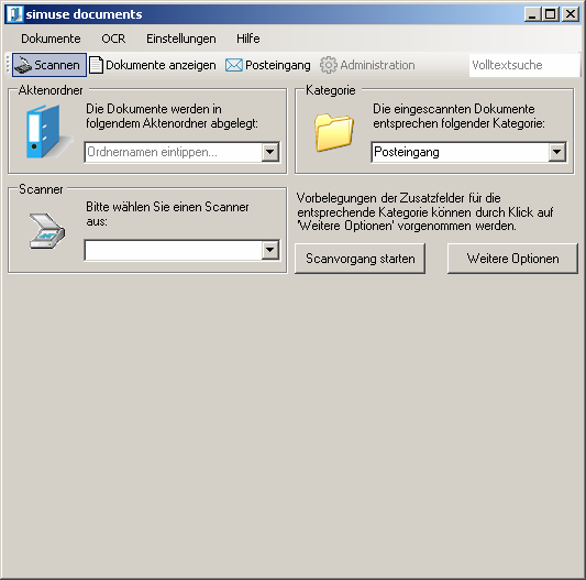 Dokumente scannen Um zum Scanfenster von simuse documents zu gelangen, klicken Sie auf das Menü Icon Scannen.