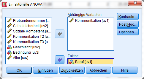 EINFAKTORIELLE ANOVA Wichtig: die Variablen