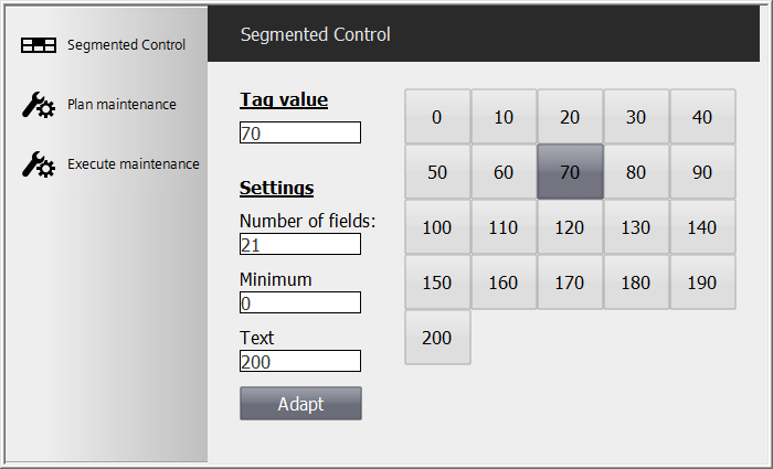 7 Segmentiertes Control 7.3 Bedienung 5. SIMATIC Panels / WinCC Runtime Advanced Klicken Sie auf die Schaltfläche Feste Einteilung Klicken Sie auf ein Feld, um den Variablenwert vorzugeben. 6.