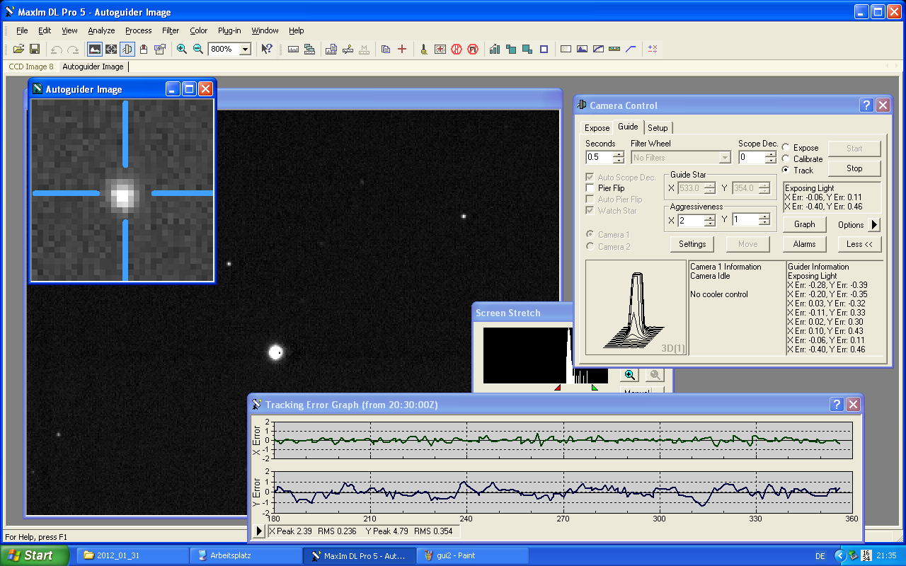 Abb. 18: Screenshot von MAXIM DL PRO 5 während eines Autoguiding Tracking um 21:35 Uhr 2.4.