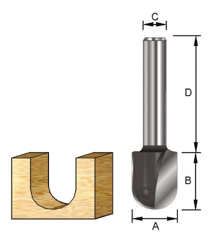 HW-Hohlkehlfräser mit Kugellager am Schaft 10.290. HW-bestückter Fräser 2-schneidig. Ideal für die Bearbeitung von Werkstücken mit Schablone. Art.-Nr. R A B C D 10.290.0600 6 12 12 8 32 10.290.1270 12.