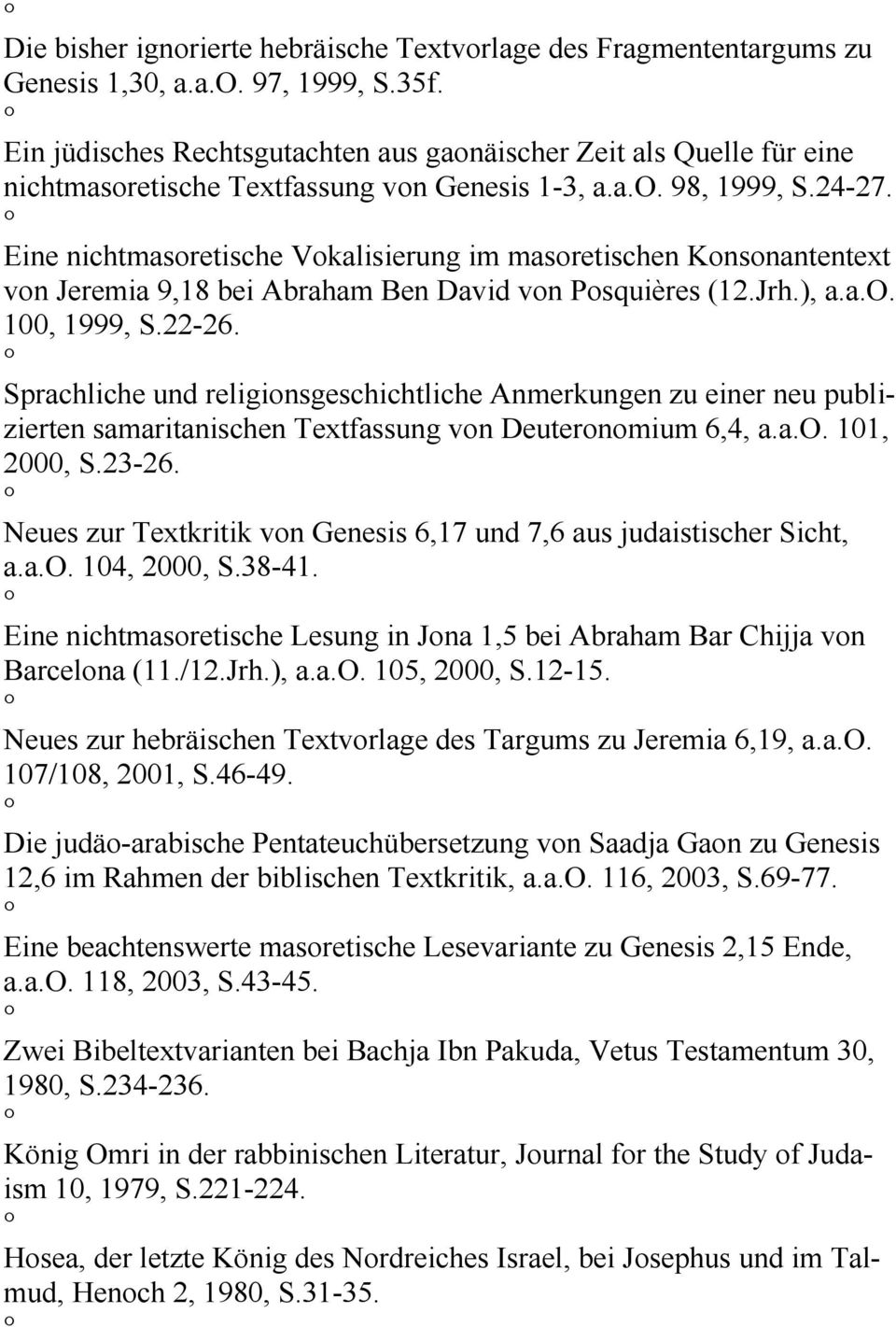 Eine nichtmasoretische Vokalisierung im masoretischen Konsonantentext von Jeremia 9,18 bei Abraham Ben David von Posquières (12.Jrh.), a.a.o. 100, 1999, S.22-26.