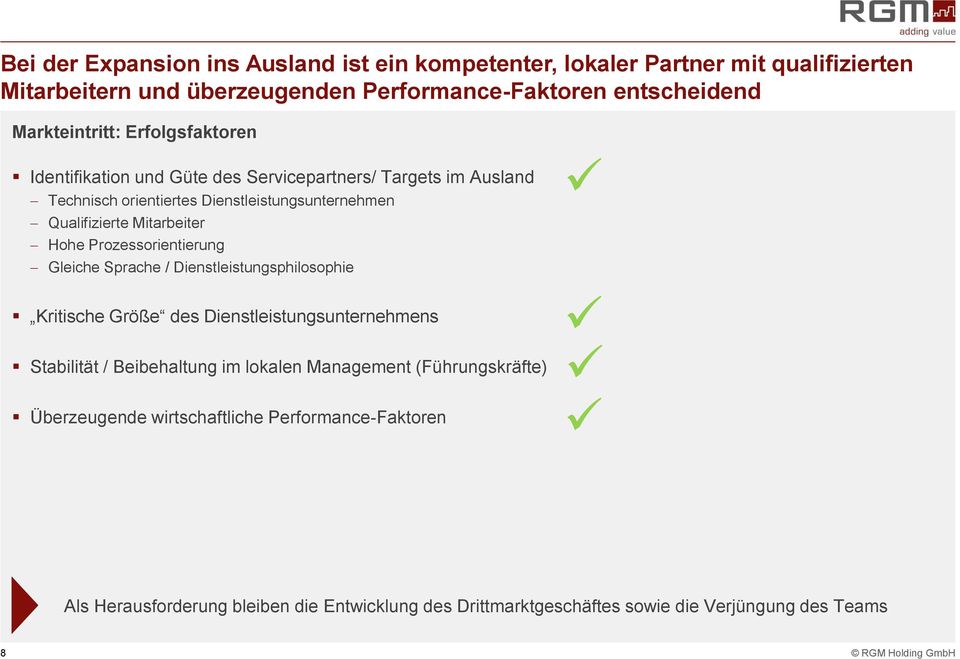 Prozessorientierung Gleiche Sprache / Dienstleistungsphilosophie Kritische Größe des Dienstleistungsunternehmens Stabilität / Beibehaltung im lokalen Management