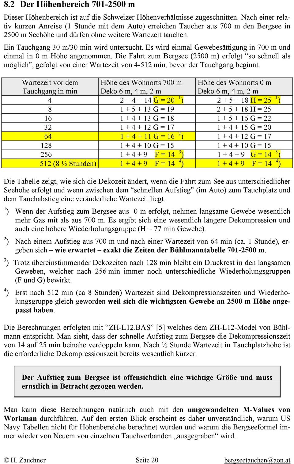 Ein Tauchgang 30 m/30 min wird untersucht. Es wird einmal Gewebesättigung in 700 m und einmal in 0 m Höhe angenommen.