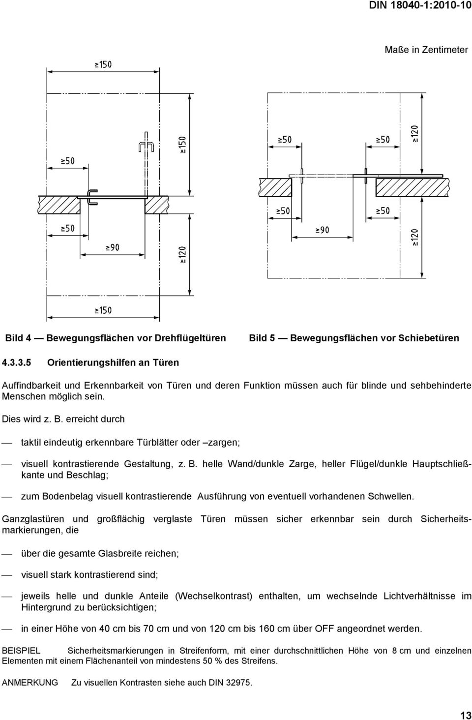 erreicht durch taktil eindeutig erkennbare Türblätter oder zargen; visuell kontrastierende Gestaltung, z. B.