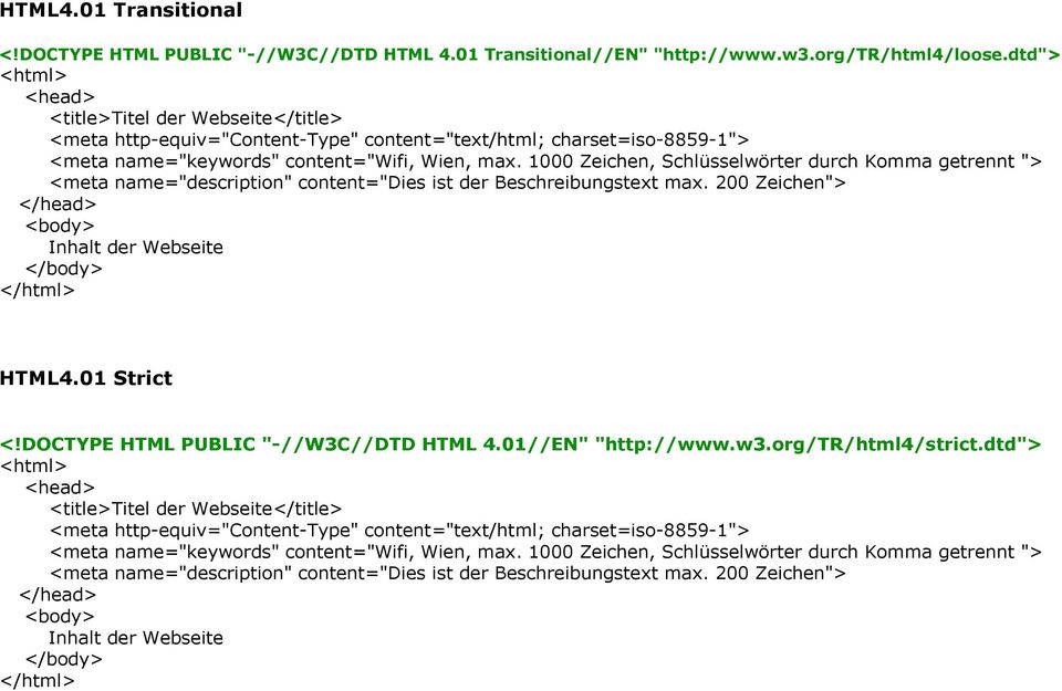 1000 Zeichen, Schlüsselwörter durch Komma getrennt "> <meta name="description" content="dies ist der Beschreibungstext max. 200 Zeichen"> </head> <body> Inhalt der Webseite </body> </html> HTML4.