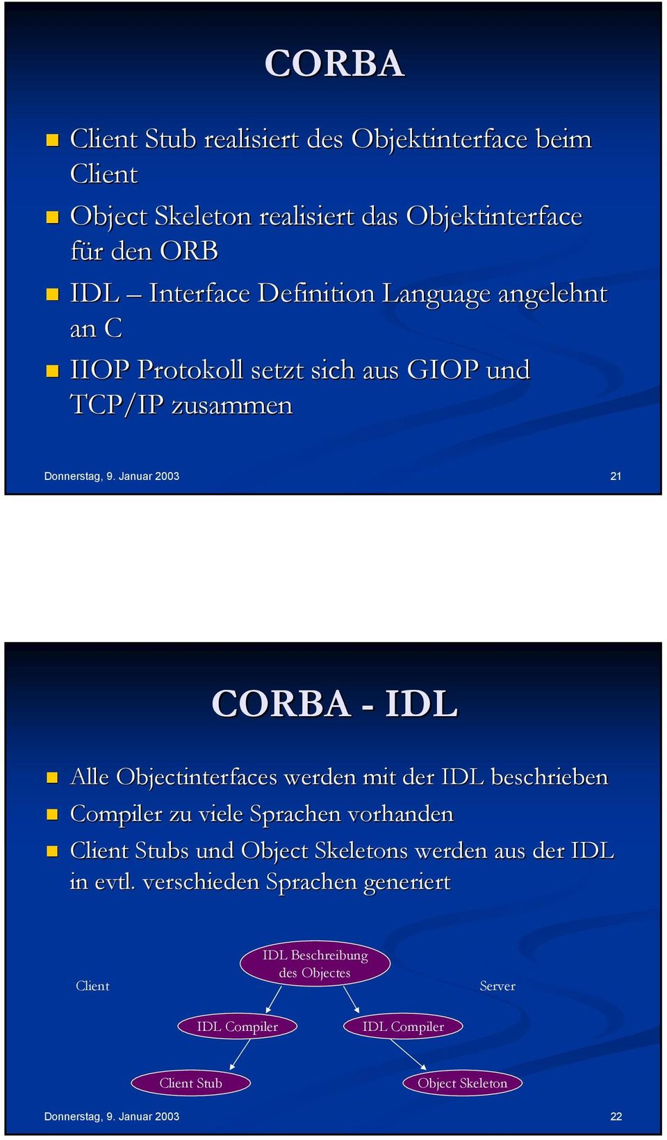 Januar 2003 21 CORBA - IDL Alle Objectinterfaces werden mit der IDL beschrieben Compiler zu viele Sprachen vorhanden Stubs und Object