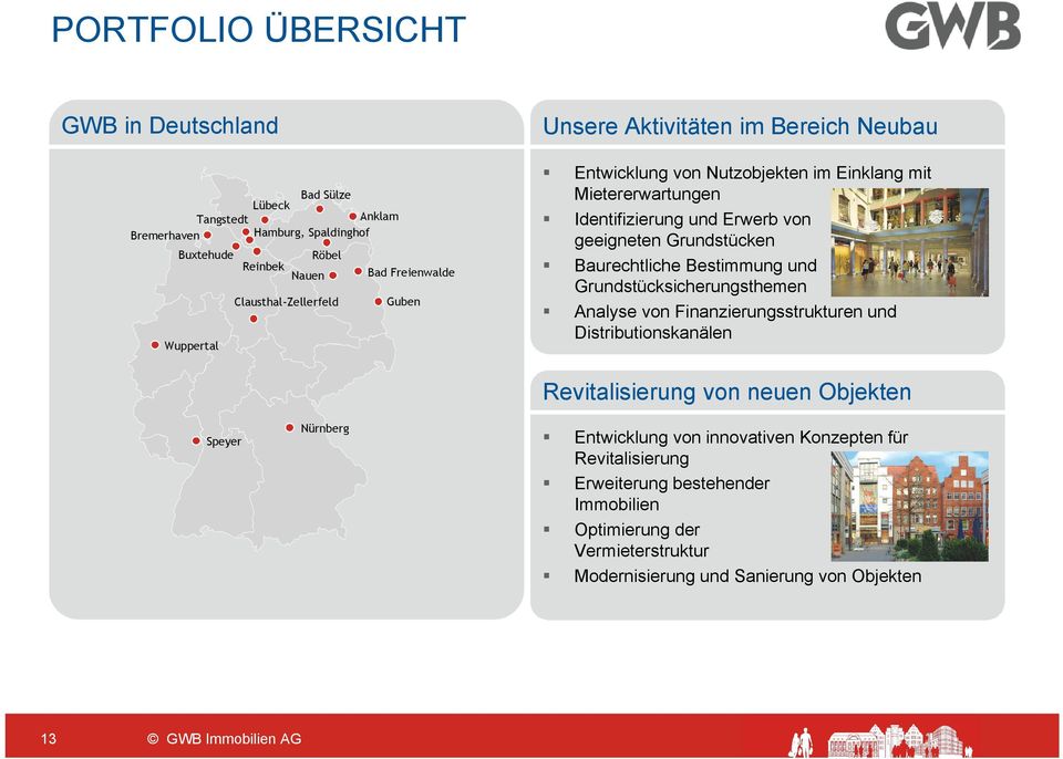 Baurechtliche Bestimmung und Grundstücksicherungsthemen Analyse von Finanzierungsstrukturen und Distributionskanälen Revitalisierung von neuen Objekten Nürnberg Speyer 13 GWB