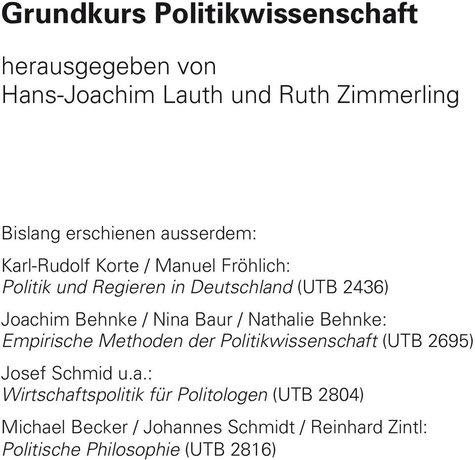 Nina Baur / Nathalie Behnke: Empirische Methoden der Politikwissenschaft (UTB 2695) Josef Schmid u.a.: