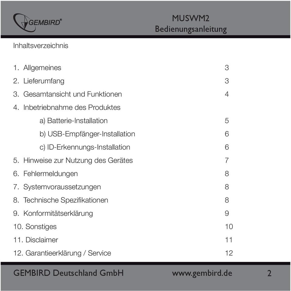 ID-Erkennungs-Installation 6 5. Hinweise zur Nutzung des Gerätes 7 6. Fehlermeldungen 8 7.