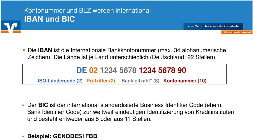 DE 02 1234 5678 1234 5678 90 ISO-Ländercode (2) Prüfziffer (2) Bankleitzahl (8) Kontonummer (10) Der BIC ist der international