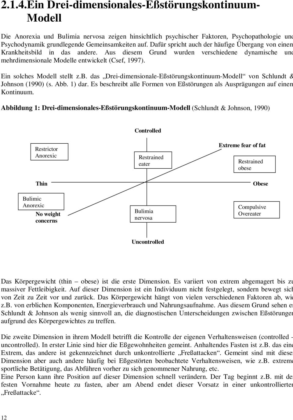Ein solches Modell stellt z.b. das Drei-dimensionale-Eßstörungskontinuum-Modell von Schlundt & Johnson (1990) (s. Abb. 1) dar.