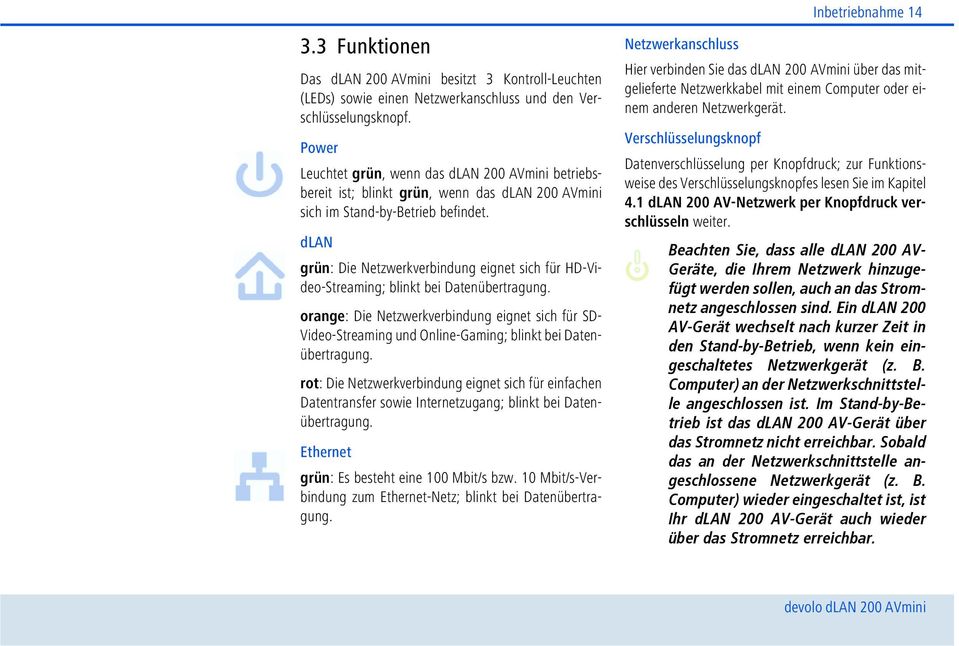 dlan grün: Die Netzwerkverbindung eignet sich für HD-Video-Streaming; blinkt bei Datenübertragung.