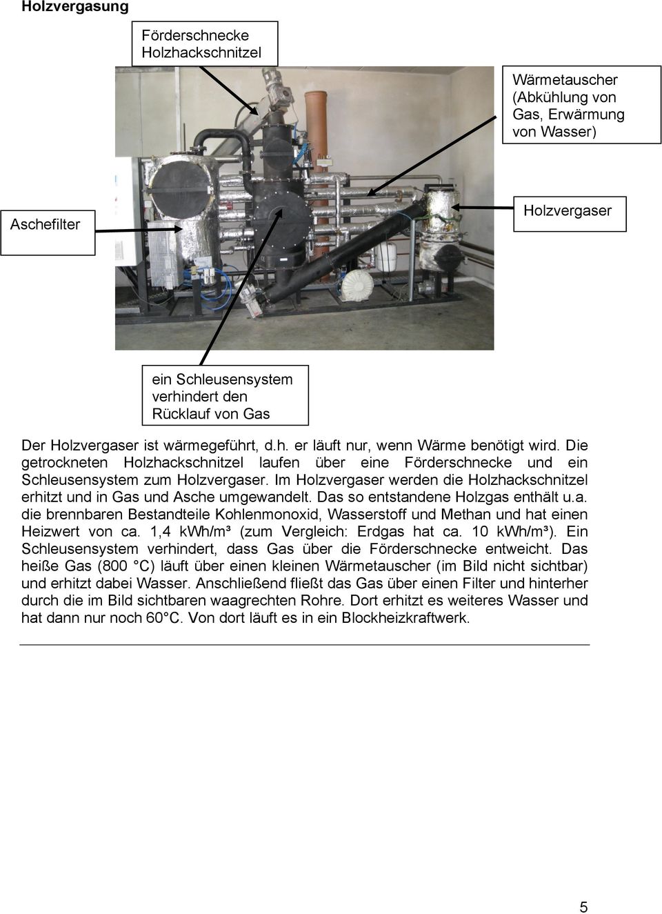 Im Holzvergaser werden die Holzhackschnitzel erhitzt und in Gas und Asche umgewandelt. Das so entstandene Holzgas enthält u.a. die brennbaren Bestandteile Kohlenmonoxid, Wasserstoff und Methan und hat einen Heizwert von ca.