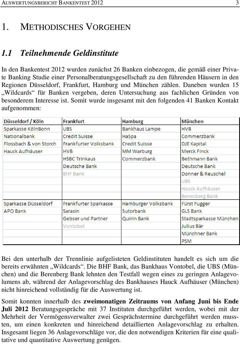 Regionen Düsseldorf, Frankfurt, Hamburg und München zählen. Daneben wurden 15 Wildcards für Banken vergeben, deren Untersuchung aus fachlichen Gründen von besonderem Interesse ist.