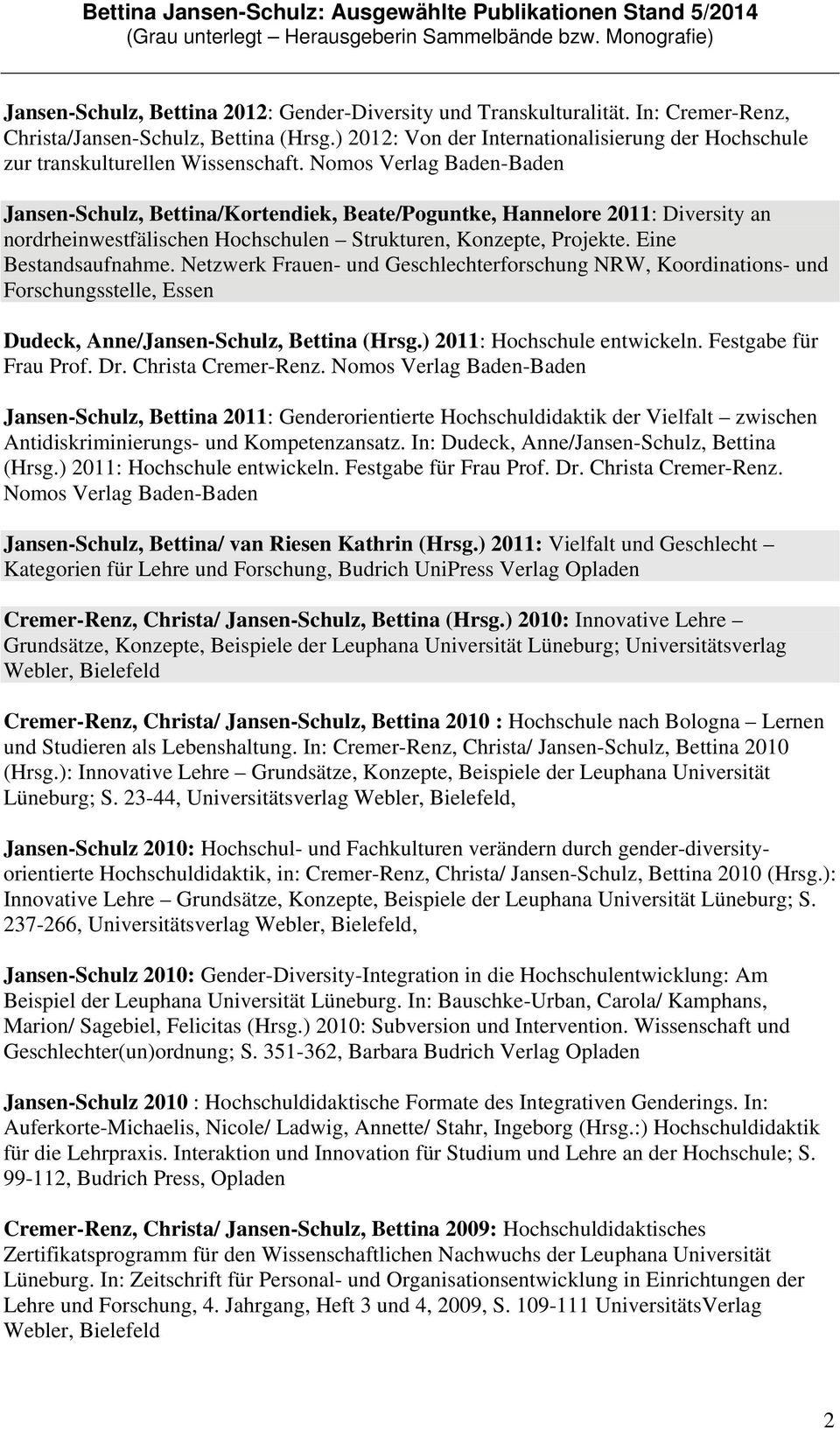 Nomos Verlag Baden-Baden Jansen-Schulz, Bettina/Kortendiek, Beate/Poguntke, Hannelore 2011: Diversity an nordrheinwestfälischen Hochschulen Strukturen, Konzepte, Projekte. Eine Bestandsaufnahme.