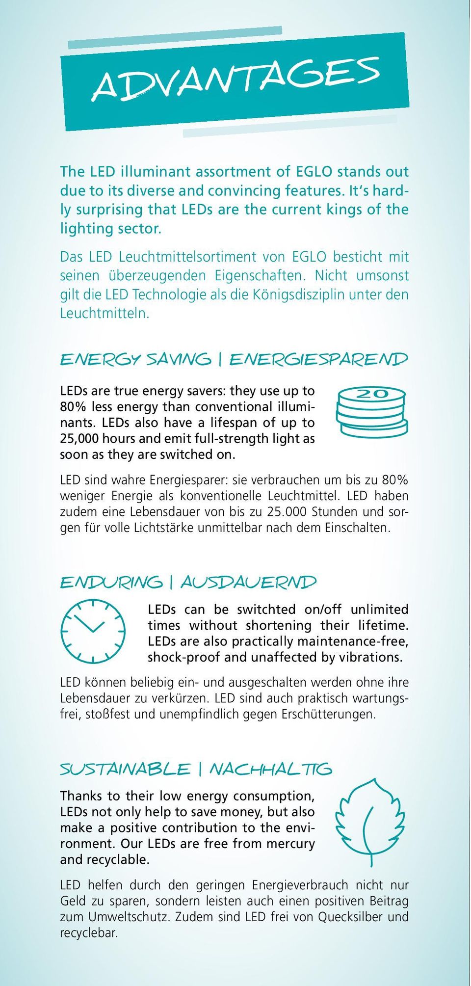 ENERGY SAVING ENERGIESPAREND LEDs are true energy savers: they use up to 80% less energy than conventional illuminants.