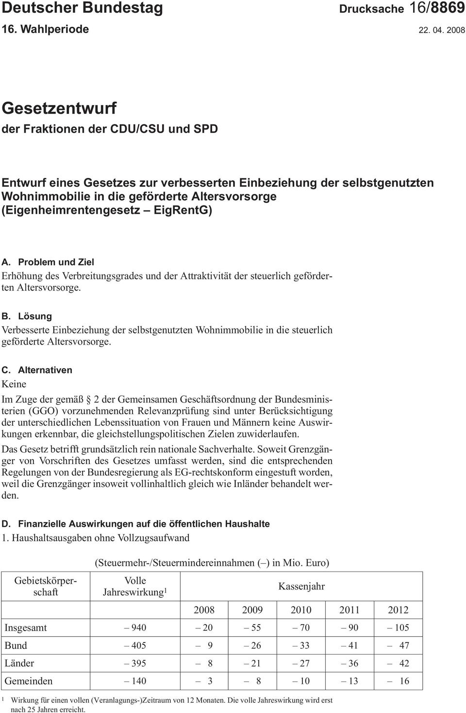 EigRentG) A. Problem und Ziel ErhöhungdesVerbreitungsgradesundderAttraktivitätdersteuerlichgeförderten Altersvorsorge. B.