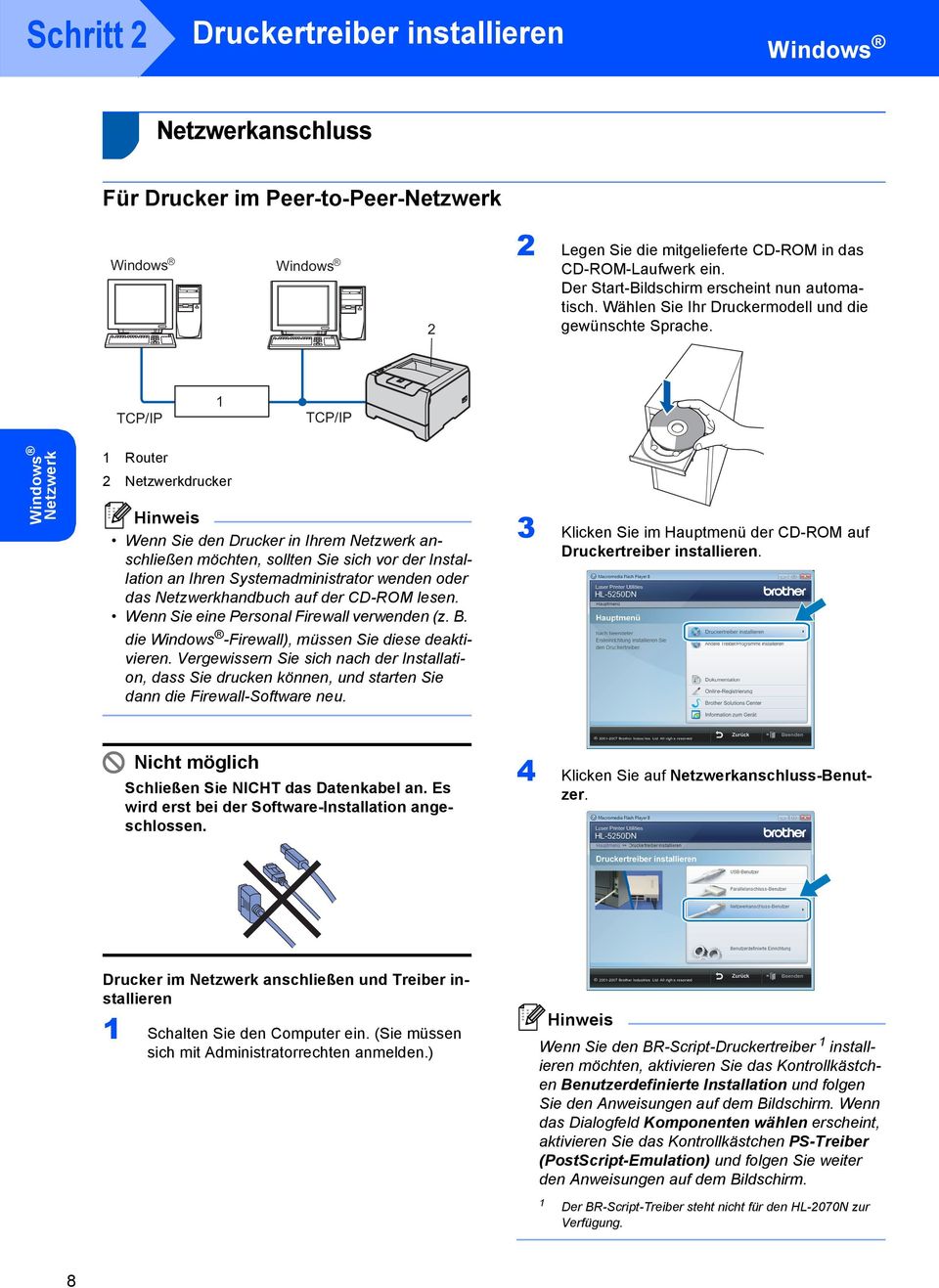 TCP/IP TCP/IP Netzwerk Router 2 Netzwerkdrucker Wenn Sie den Drucker in Ihrem Netzwerk anschließen möchten, sollten Sie sich vor der Installation an Ihren Systemadministrator wenden oder das