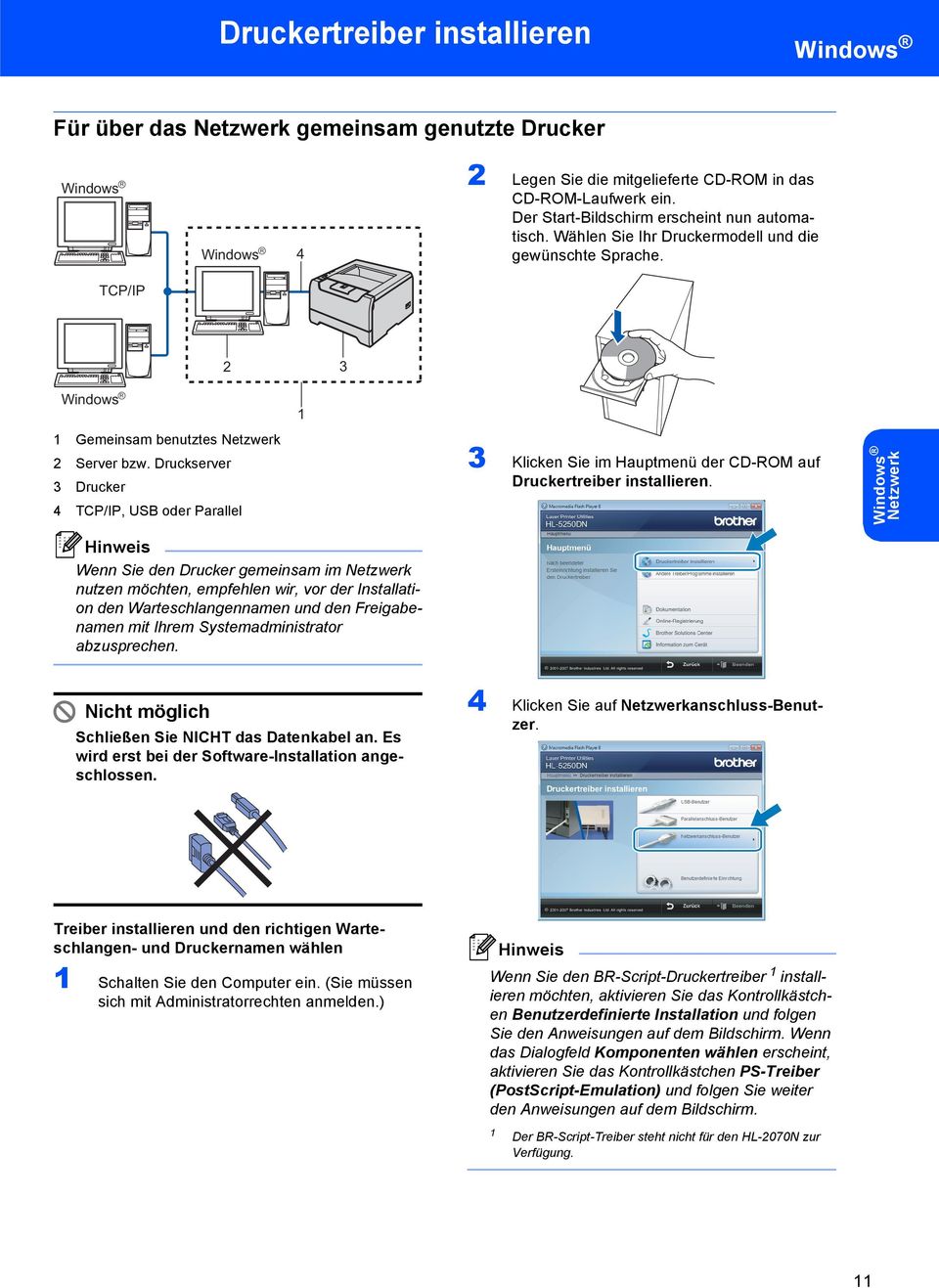 Druckserver 3 Drucker 4 TCP/IP, USB oder Parallel 3 Klicken Sie im Hauptmenü der CD-ROM auf Druckertreiber installieren.