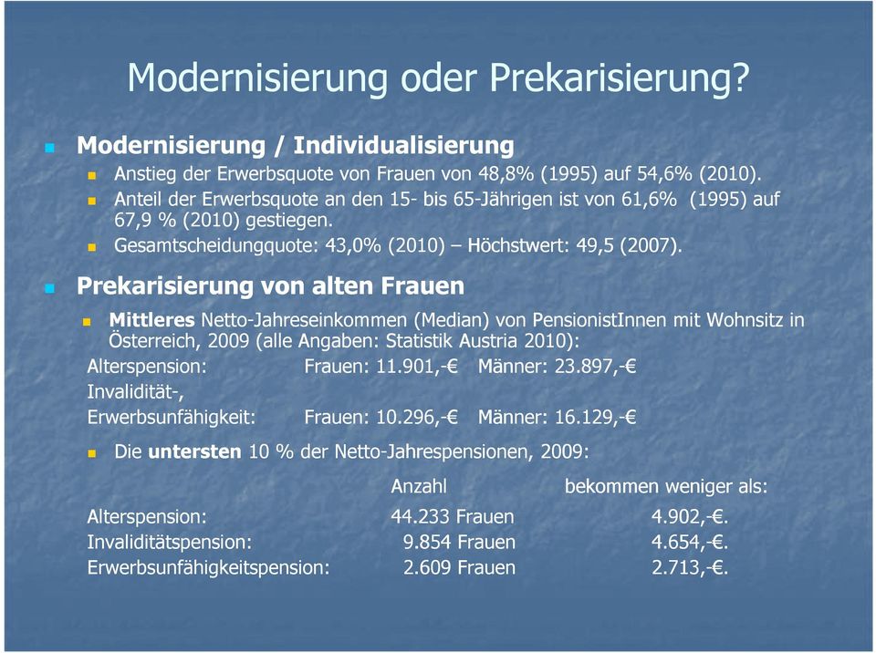 Prekarisierung von alten Frauen Mittleres Netto-Jahreseinkommen (Median) von PensionistInnen mit Wohnsitz in Österreich, 2009 (alle Angaben: Statistik Austria 2010): Alterspension: Frauen: 11.