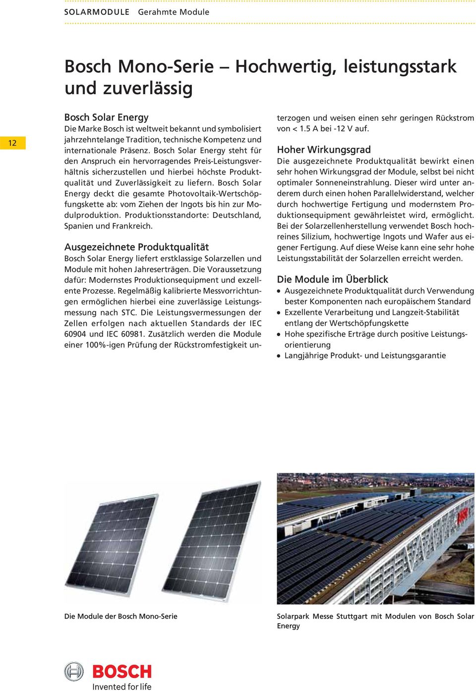 Bosch Solar Eergy deckt die gesamte Photovoltaik-Wertschöpfugskette ab: vom Ziehe der Igots bis hi zur Modulproduktio. Produktiosstadorte: Deutschlad, Spaie ud Frakreich.