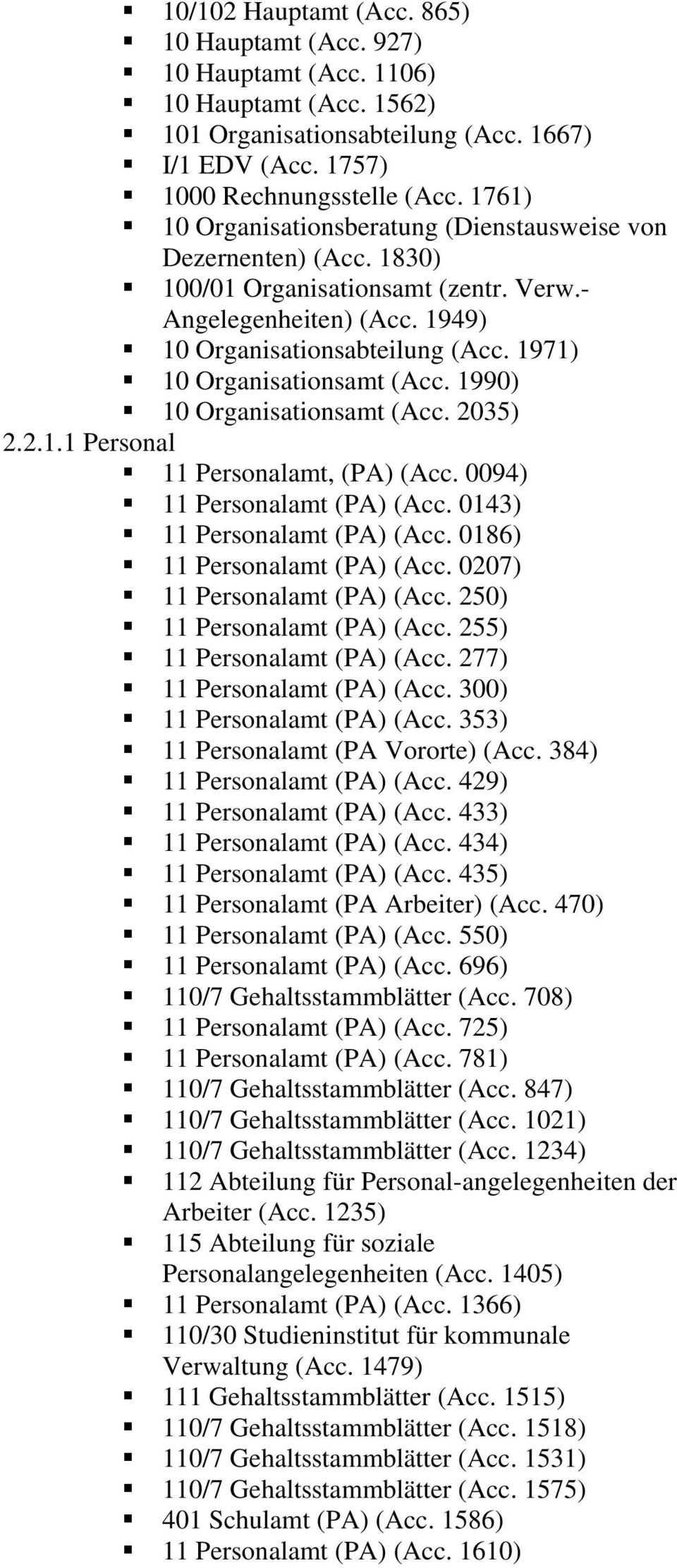 1971) 10 Organisationsamt (Acc. 1990) 10 Organisationsamt (Acc. 2035) 2.2.1.1 Personal 11 Personalamt, (PA) (Acc. 0094) 11 Personalamt (PA) (Acc. 0143) 11 Personalamt (PA) (Acc.