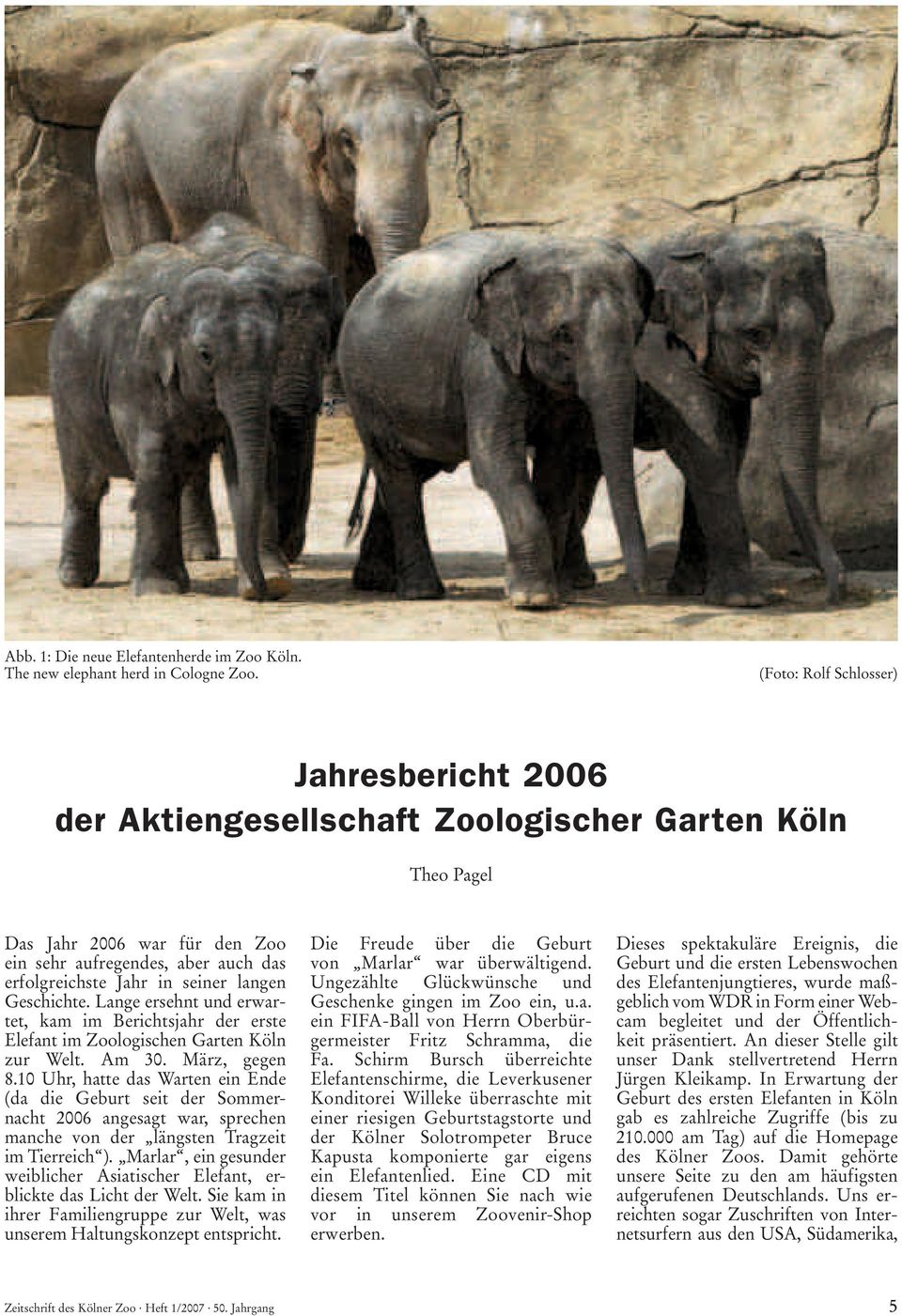 langen Geschichte. Lange ersehnt und erwartet, kam im Berichtsjahr der erste Elefant im Zoologischen Garten Köln zur Welt. Am 30. März, gegen 8.