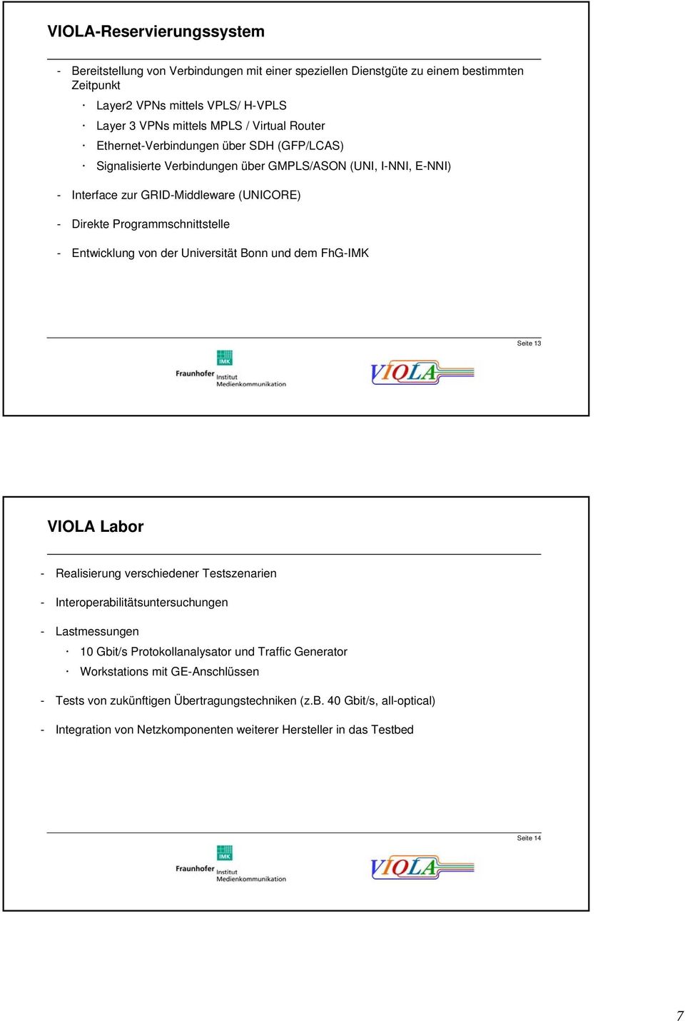 der Universität Bonn und dem FhG-IMK Seite 13 VIOLA Labor - Realisierung verschiedener Testszenarien - Interoperabilitätsuntersuchungen - Lastmessungen 10 Gbit/s Protokollanalysator und Traffic