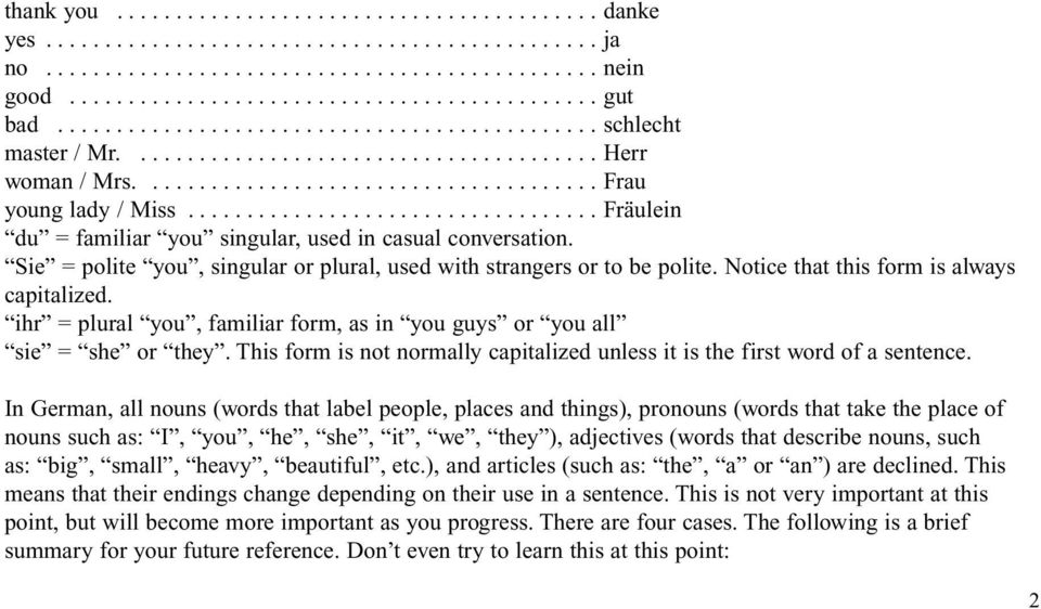 .................................. Fräulein du = familiar you singular, used in casual conversation. Sie = polite you, singular or plural, used with strangers or to be polite.