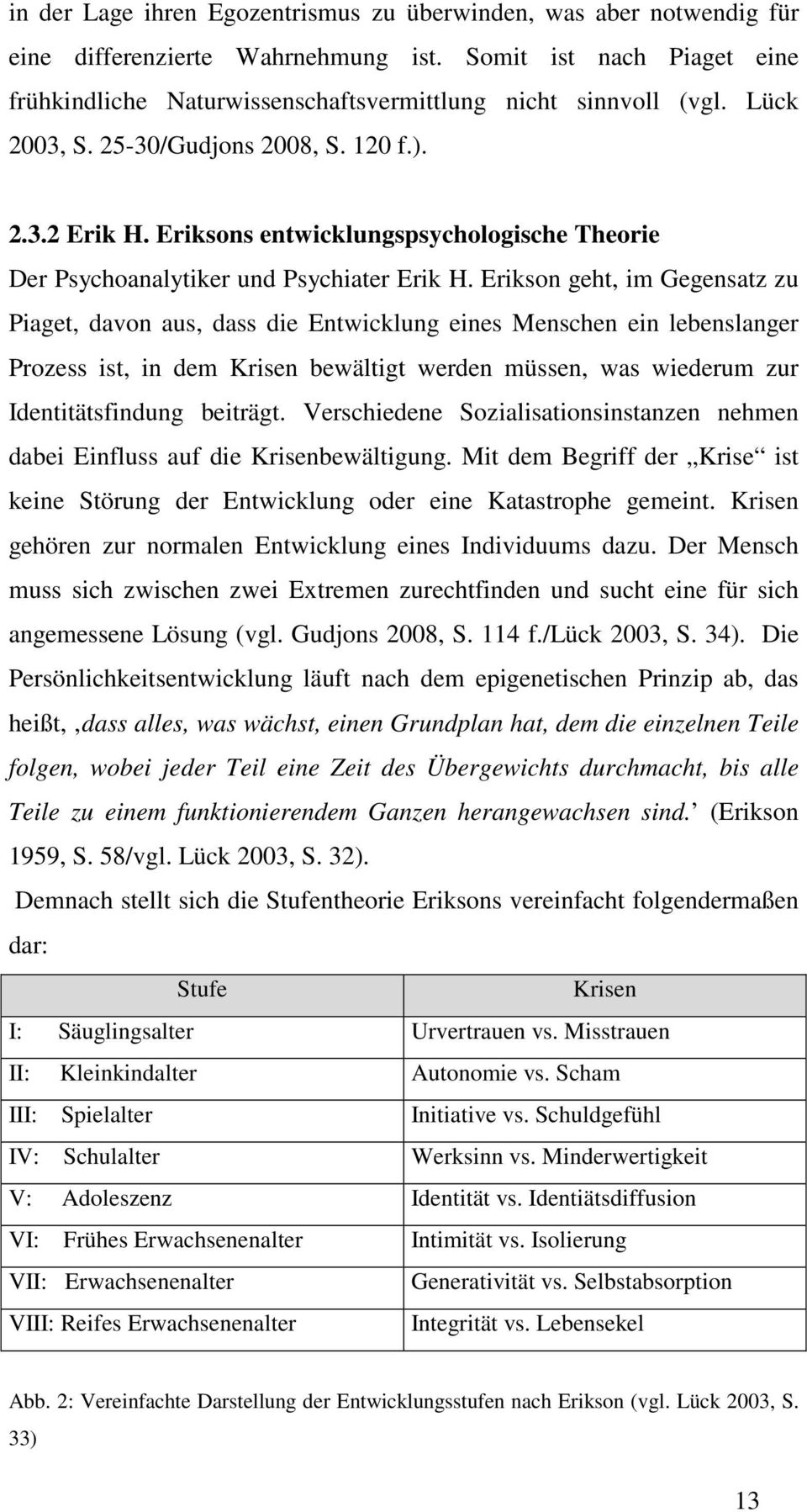 Erikson geht, im Gegensatz zu Piaget, davon aus, dass die Entwicklung eines Menschen ein lebenslanger Prozess ist, in dem Krisen bewältigt werden müssen, was wiederum zur Identitätsfindung beiträgt.