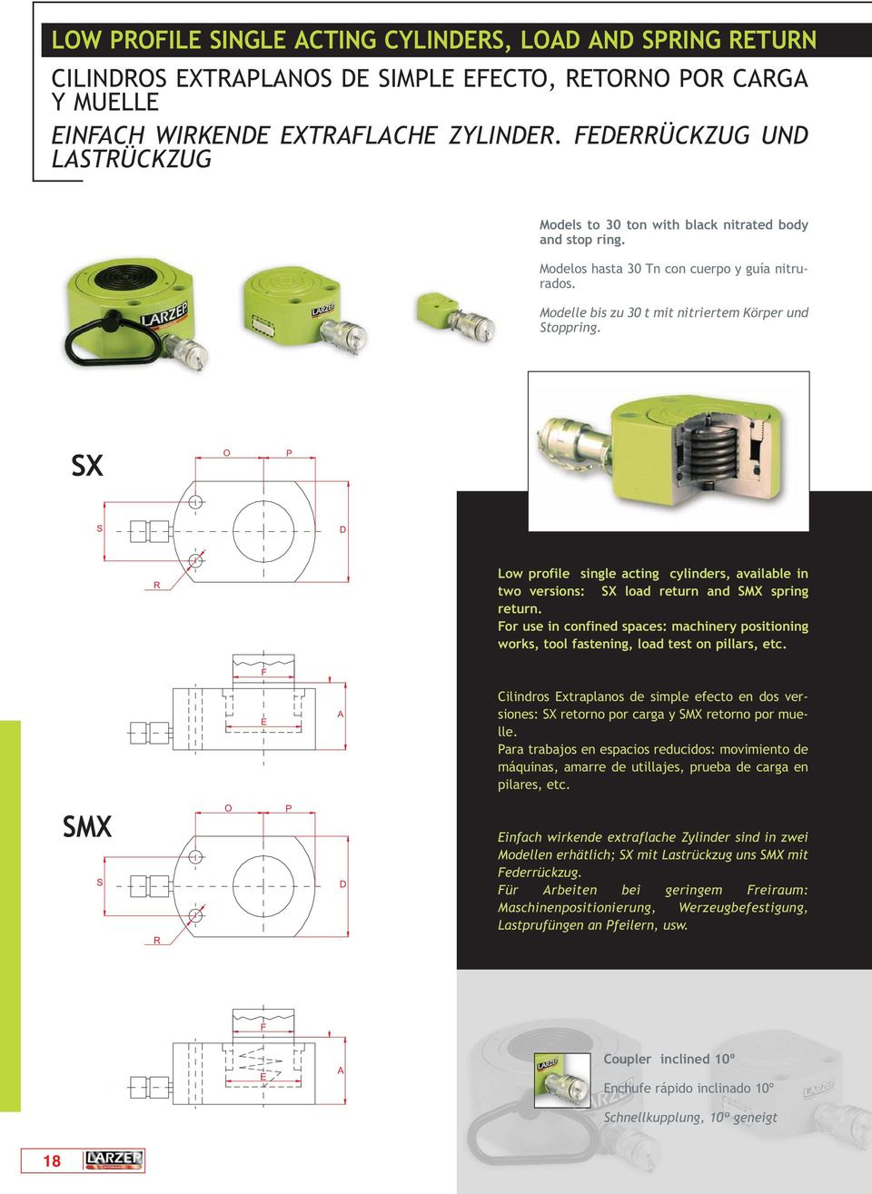 SX Low profile single acting cylinders, available in two versions: SX load return and SMX spring return.