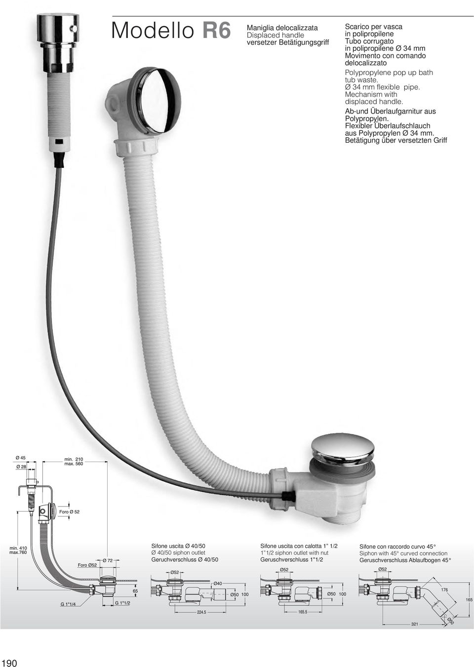 Flexibler Überlaufschlauch aus Polypropylen Ø 34 mm.