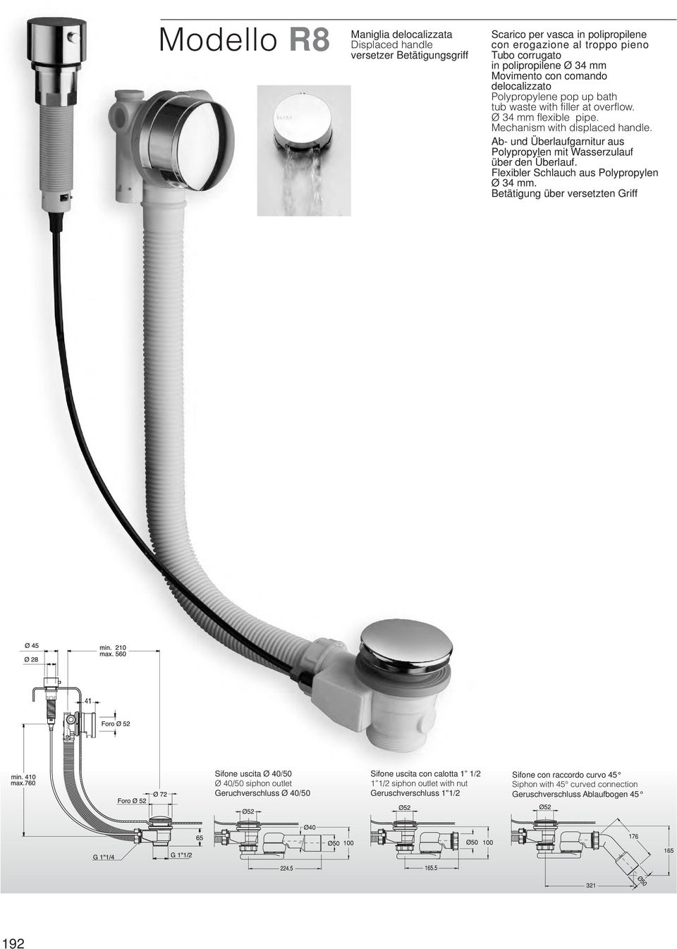 Ab- und Überlaufgarnitur aus Polypropylen mit Wasserzulauf über den Überlauf. Flexibler Schlauch aus Polypropylen Ø 34 mm.