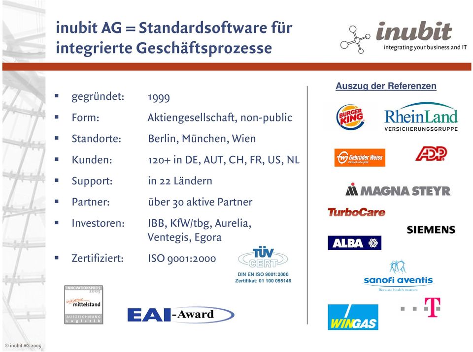 Kunden: 120+ in DE, AUT, CH, FR, US, NL Support: in 22 Ländern Partner: über 30