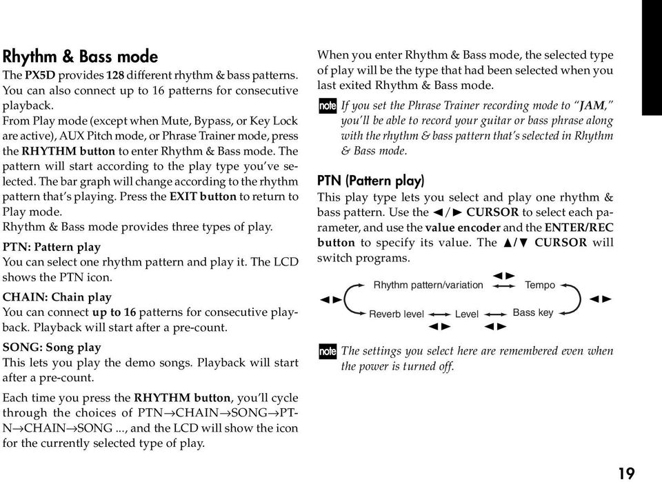 The pattern will start according to the play type you ve selected. The bar graph will change according to the rhythm pattern that s playing. Press the EXIT button to return to Play mode.